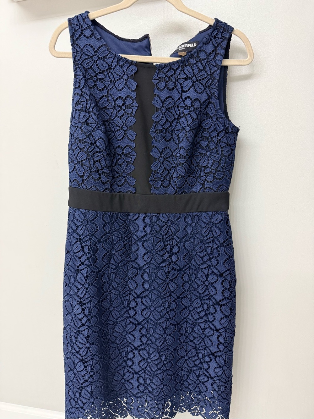 Karl Lagerfeld Navy Floral Lace Midi Dress with Black Waistband
